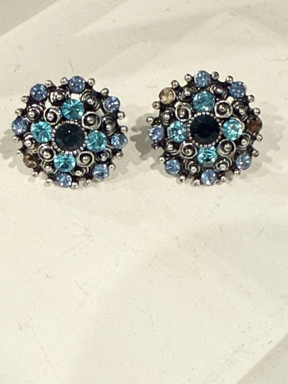 Vintage Blue Crystal Cluster Stud Earrings